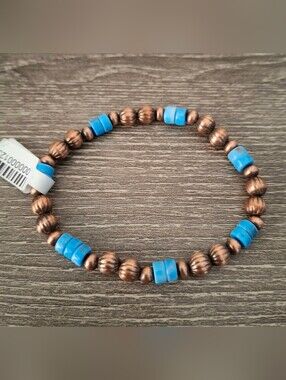 Kingman Turquoise And Copper Pearls Beaded Stretch Bracelet